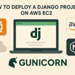 Flat-style illustration showing a laptop with the Django logo, surrounded by Ubuntu, AWS, Nginx, and Gunicorn icons, representing Django project deployment on AWS EC2 with Ubuntu, Gunicorn, and Nginx.