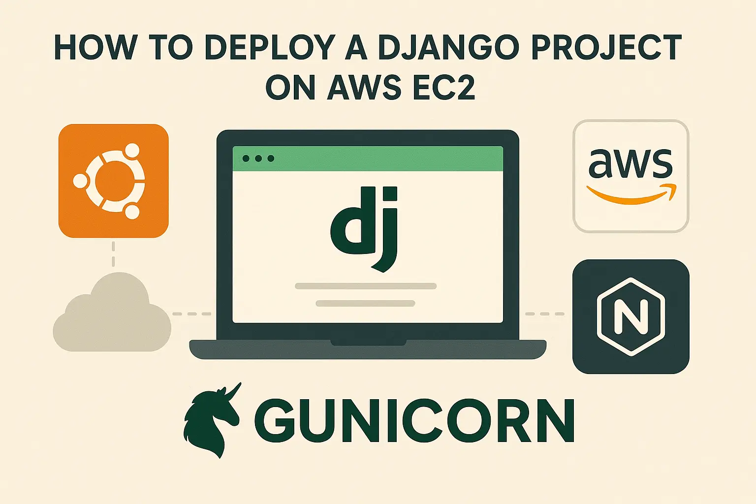 Flat-style illustration showing a laptop with the Django logo, surrounded by Ubuntu, AWS, Nginx, and Gunicorn icons, representing Django project deployment on AWS EC2 with Ubuntu, Gunicorn, and Nginx.