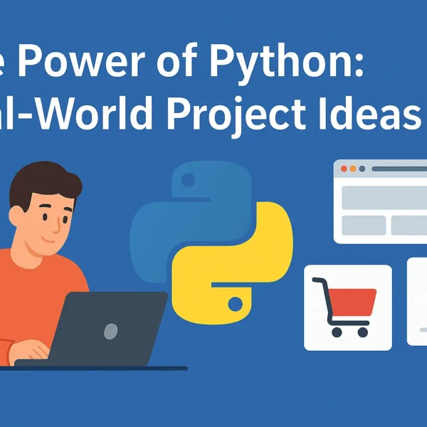The Power of Python: Real-World Project Ideas illustrated with laptop, Python logo, and project icons.