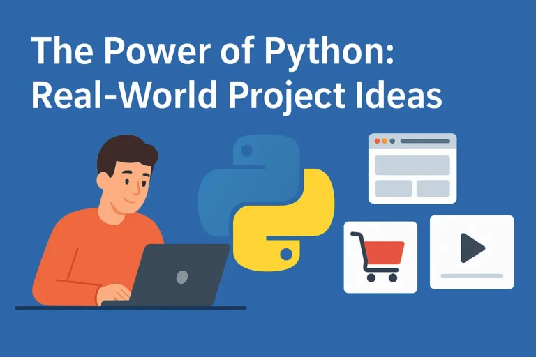 The Power of Python: Real-World Project Ideas illustrated with laptop, Python logo, and project icons.
