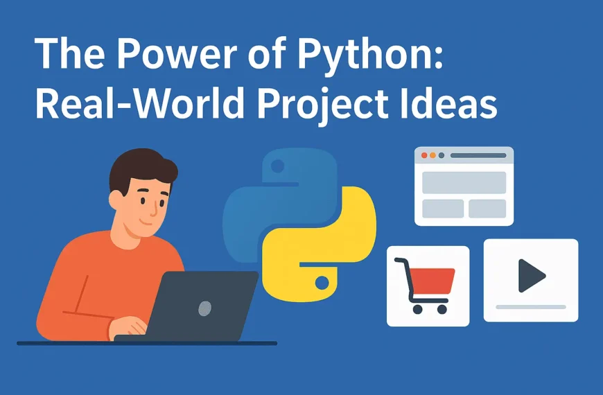 The Power of Python: Real-World Project Ideas illustrated with laptop, Python logo, and project icons.