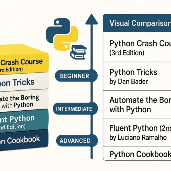 Five essential Python programming books stacked together - Python Crash Course, Python Tricks, Automate the Boring Stuff, Fluent Python, and Python Cookbook