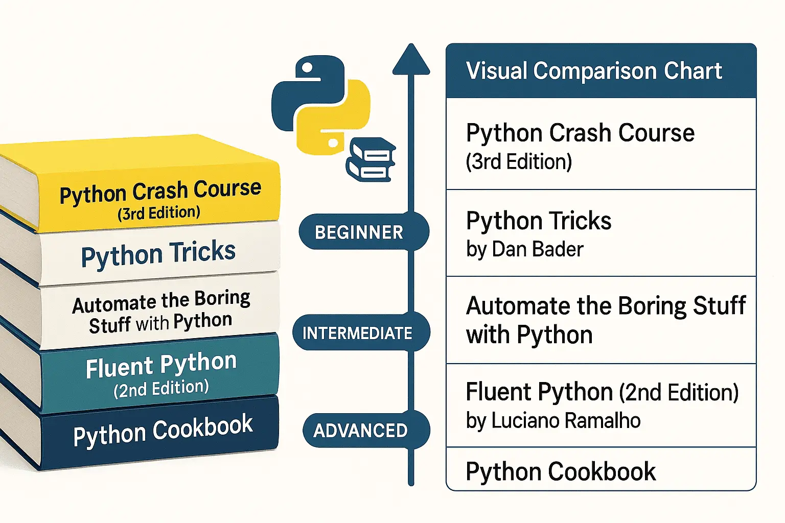 Five essential Python programming books stacked together - Python Crash Course, Python Tricks, Automate the Boring Stuff, Fluent Python, and Python Cookbook