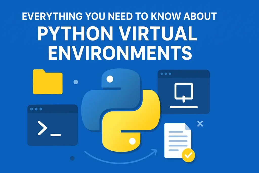 Illustration of Python virtual environments with Python logo, terminal, and folder icons, representing project isolation and dependency management.
