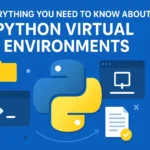 Illustration of Python virtual environments with Python logo, terminal, and folder icons, representing project isolation and dependency management.