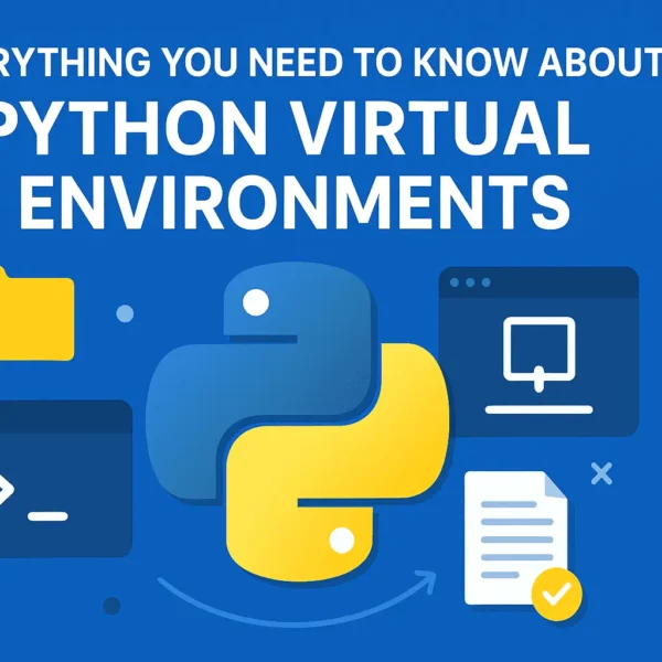 Illustration of Python virtual environments with Python logo, terminal, and folder icons, representing project isolation and dependency management.