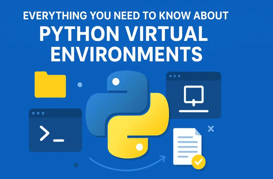 Illustration of Python virtual environments with Python logo, terminal, and folder icons, representing project isolation and dependency management.